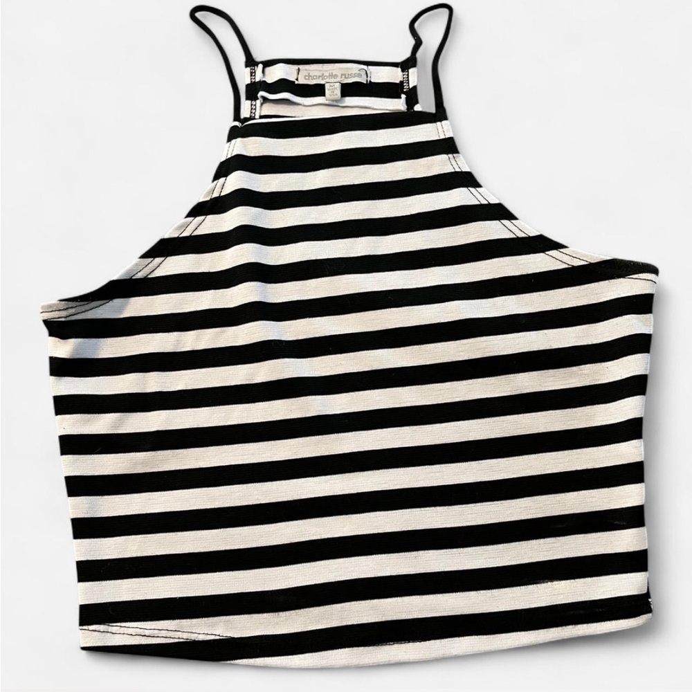Charlotte Russe Black and White Striped Tank Crop Top, Size Medium